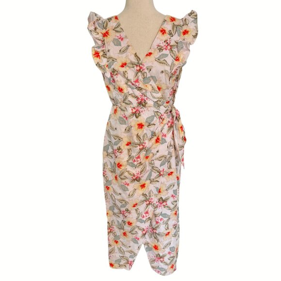 Rebecca Taylor Size 6 Floral Hawaiian Faux Wrap Midi Dress Ruffle Sleeveless - Picture 4 of 10